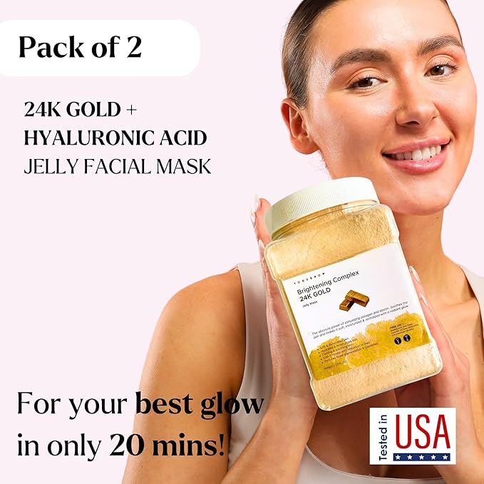 Jelly Face Mask for Facials - 24K Gold + Hyaluronic Acid (Pack of 2) - Hydrating Glowing & Nourishing - Free Jade Roller & Spatula - Professional Hydrojelly Masks -Perfect for Vajacial - 46 Oz Jar