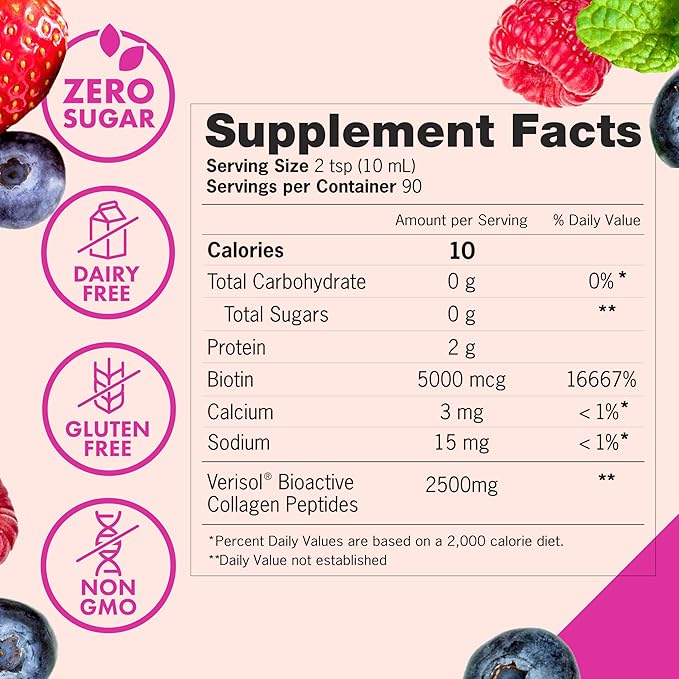 Liquid Collagen Peptides and Biotin, 2500mg Verisol Bioactive Collagen Peptides, 5000mcg Biotin, Hair, Skin, Nail Supplement for Women and Men, Mixed Berry, 90 Servings, 30 fl oz