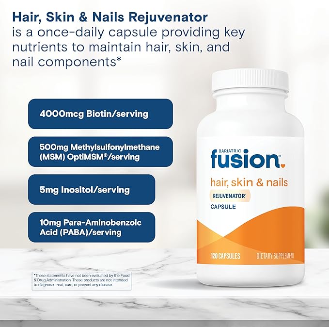 Bariatric Fusion ONE Per Day Bariatric Hair Skin and Nails Vitamins REJUVENATOR for Women | Vegan Hair Growth Vitamins with Biotin, Vitamin B12, and B1 | Easy to Swallow | 120 Capsules