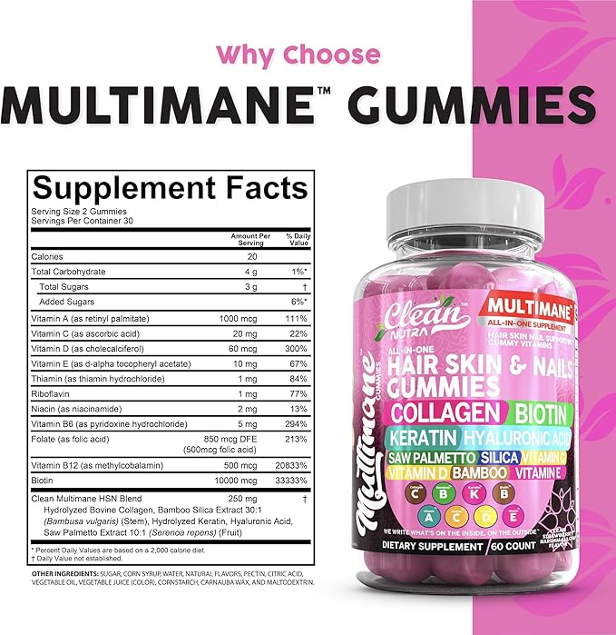 Multimane Collagen Gummies with Biotin Keratin Hyaluronic Acid Bamboo Vitamin A C Vitamin D Vitamin E Folate Saw Palmetto Silica B3 Vitamins Hair Skin and Nails Gummies by Clean Nutra