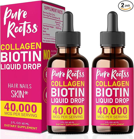 Liquid Collagen & Biotin, 2 Fl Oz (Pack of 2), 40000 mcg for Hair Skin Nails, Vitamin B7 Hydrolized Collagen Peptides Supplement for Women, Bioactive Form, Sugar Free, Raspberry Flavor