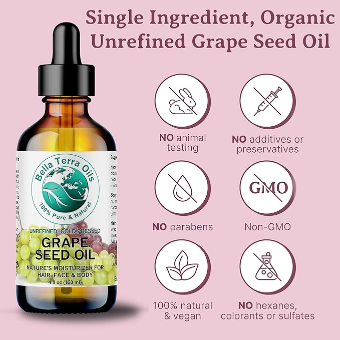 Bella Terra Oils - Organic Grape Seed Oil 8 oz - Dive into Organic Grape's Nutritional Power, Packed with Antioxidants & Omega-6, Elevate Your Skin Care Essence