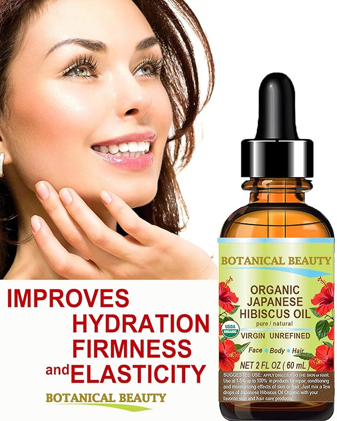 Botanical Beauty Organic HIBISCUS OIL (Hibiscus Sabdariffa) JAPANESE 100 Pure Natural VIRGIN UNREFINED COLD PRESSED Anti Aging, Vitamin E oil for FACE, SKIN, HAIR GROWTH 2 Fl.oz.- 60 ml