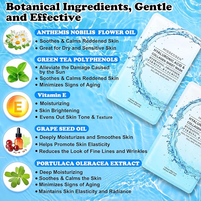 Collagen Face Mask Skincare For Women Hyaluronic Acid Moisturizing Firming Calming Hydrating Pore Treatment Anti-Aging of Different Ages and Skin Types Urban Beauty Secret 25 PCS