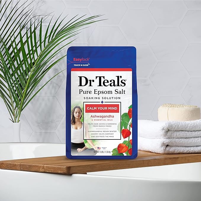 Dr Teal's Pure Epsom Salt, Ashwagandha & Essential Oils, 3 lbs (Pack of 4)