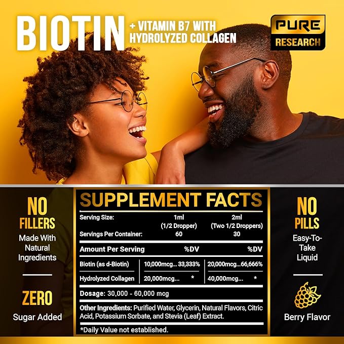 PURE RESEARCH Liquid Biotin & Collagen Hair Growth Drops 60,000mcg - Biotin and Liquid Collagen Supplement for Men & Women - Glowing Skin Support, Healthy Hair & Nail Growth - 2oz