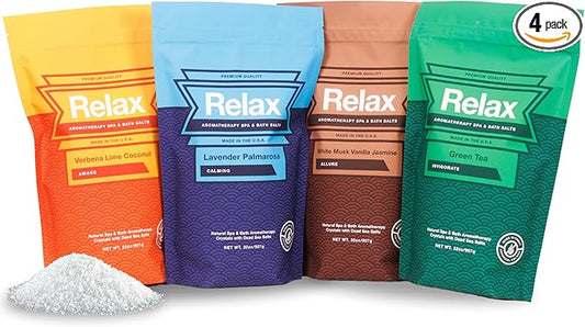 Relax Spa & Bath, Epsom & Dead Sea Salts, Aromatherapy Bath Salts for Hot Tub, Bath, or Spa, Infused with Magnesium, 4 Pack, Escape Therapy