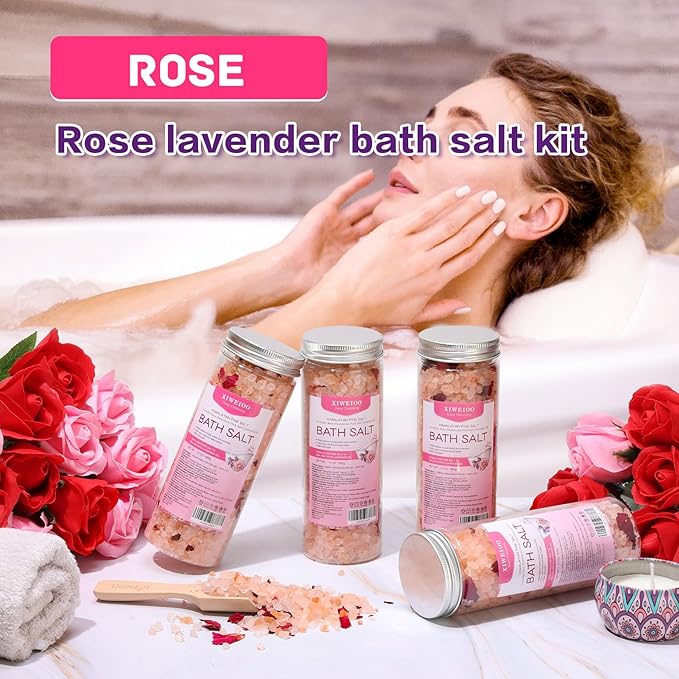 Bath Salts Set -56 oz, Pack of 4 Natural Epsom Salt for Soaking Rose Salts kit - Essential Oils Relaxes and Better Sleep Himalayan Pink Salt Foot Soak Tea Tree Oil for Women