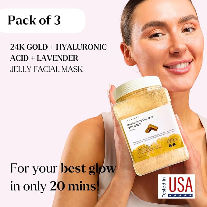 VogueNow Jelly Face Mask for Facials - 24K Gold + Lavender + Hyaluronic Acid (Pack of 3) - Hydrating Brightening & Nourishing - Free Jade Roller & Spatula - Professional Hydrojelly Masks - 69 Oz Jar