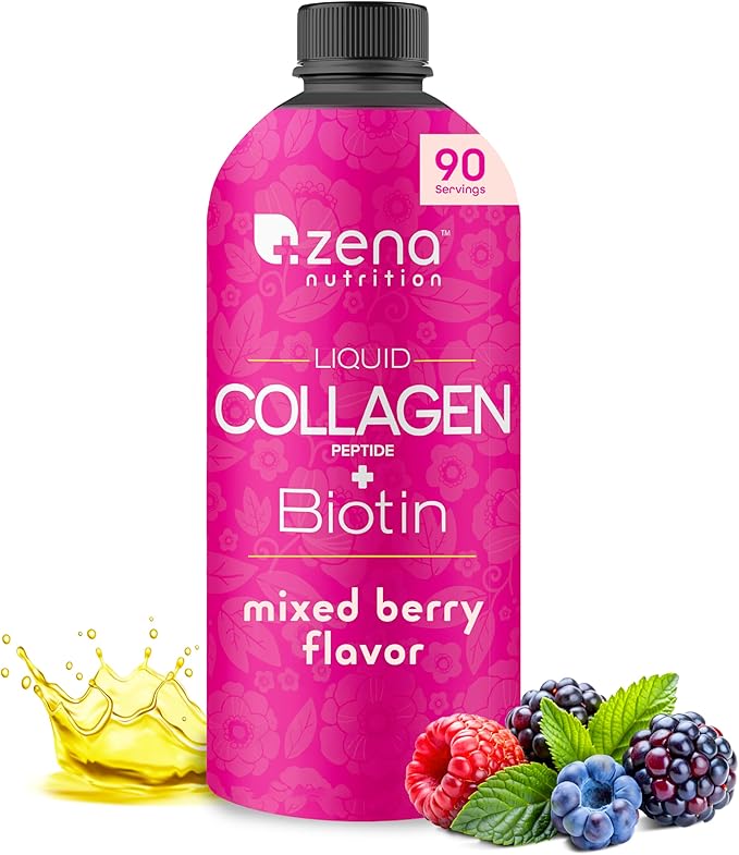 Liquid Collagen Peptides and Biotin, 2500mg Verisol Bioactive Collagen Peptides, 5000mcg Biotin, Hair, Skin, Nail Supplement for Women and Men, Mixed Berry, 90 Servings, 30 fl oz