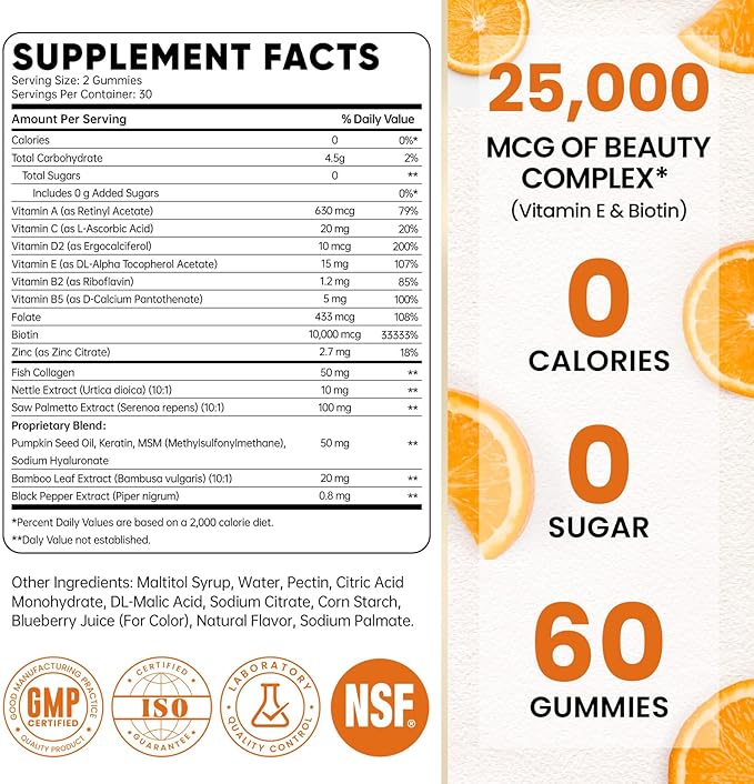 Venture Pal Biotin Gummies with Collagen & Keratin - Hair Growth Support Skin and Nail Strength Vitamins for Women & Men - Biotin 10000mcg | B-Complex | Saw Palmetto - Sugar Free, Non-GMO, 60ct