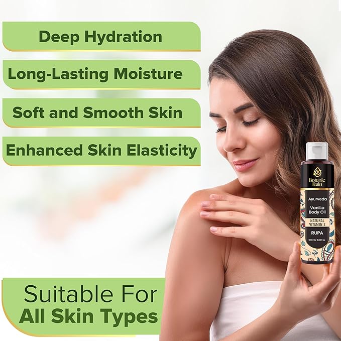 Ayurveda Vanilla Body Oil, Moisturizing & Hydrating Organic Vitamin E Oil, Body Oil For Women After Shower, Ayurveda Products For Crepey Skin - 3.38 Fl Oz (1)