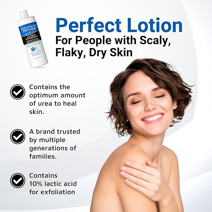 Dermal Therapy Alpha Hydroxy Lotion - High Potency AHA Exfoliating Moisturizer for Dry, Scaly Skin - 10% Lactic Acid & 10% Urea Lotion - Remove Skin Flakes - Fragrance-Free - 16 fl oz / 474 ml