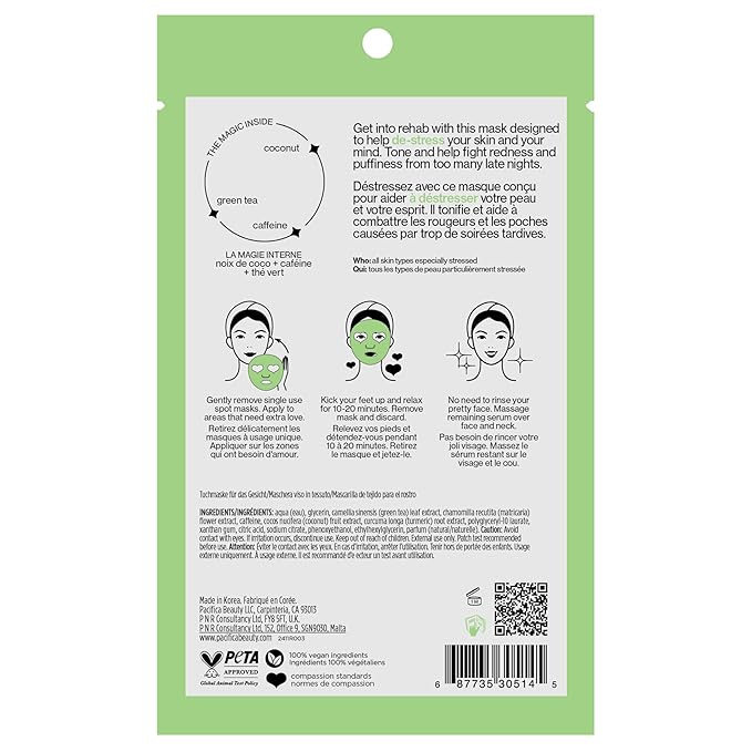 Pacifica Sheet Mask - Stress Rehab Coconut & Caffeine Facial Mask - 12-PACK De-Stress Sheet Mask for Redness & Puffiness Relief, Infused w/Green Tea, Turmeric & Hyaluronic Acid Cruelty-Free Skincare