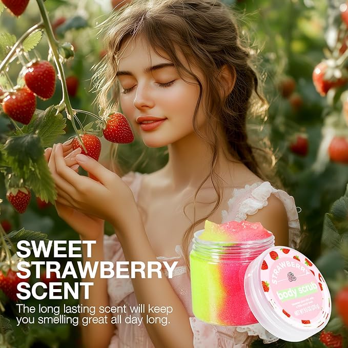 Strawberry Sugar Scrub, Strawberry Body Scrub, Exfoliating Body Scrub for Smooth and Moisturized Skin, Natural Gifts for Women, 9.52oz