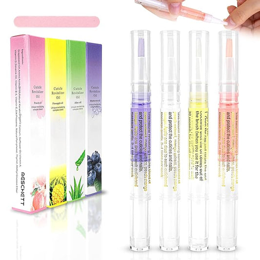 Meschett Cuticle Oil Pens with Nail File for Nail Care, 4PCS Nail Pen Oil with Natural Ingredients, Fingernails and Toenails Oil Cuticle for Repairing Cracked(Mix Flavors)