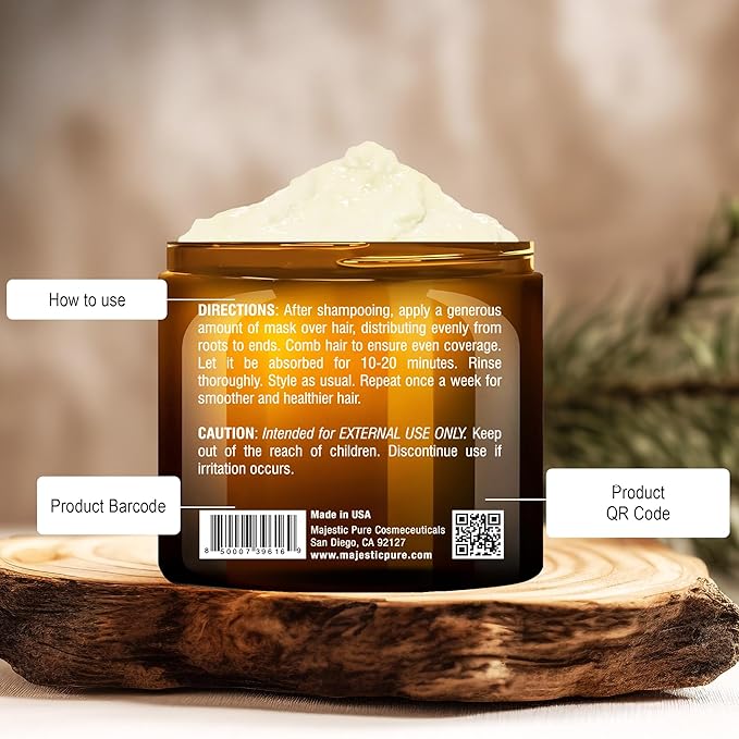 Majestic Pure Avocado and Coconut Hair Mask for Dry Damaged Hair - Infused with Biotin - Deep Conditioning, Hair Thickening, for Healthy Hydrated Hair, Sulfate Free, 16 fl oz