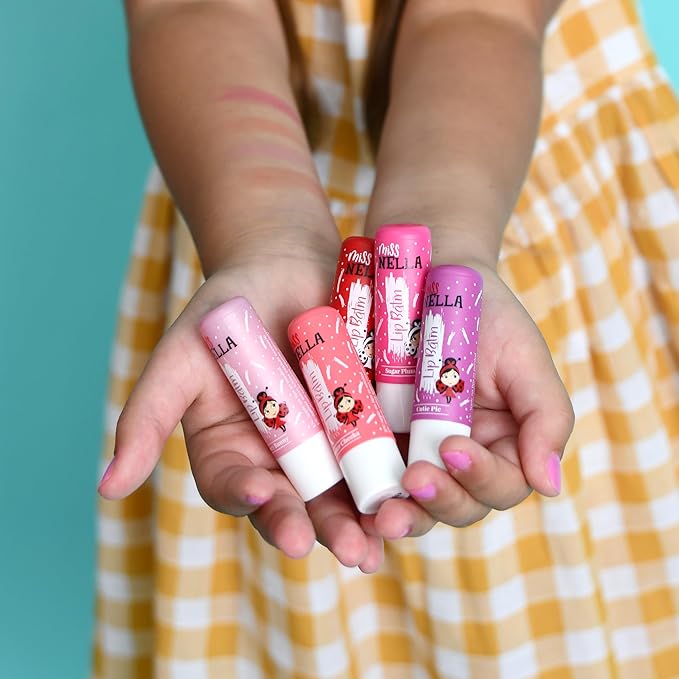 Miss Nella set of 5 Hypoallergenic children Lip Balms- HONEY BUNNY, SWEET CHEEKS & CUTIE PIE, Luvvu Wuvvy, Sugar Plum, Non Toxic Make Up for kids, perfect for those with sensitive skin.