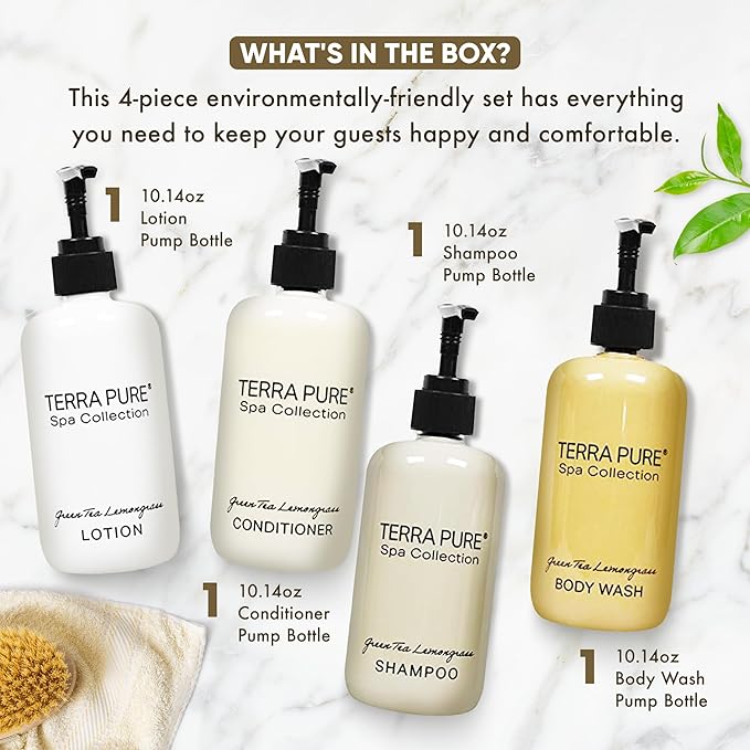 Terra Pure Spa Collection Amenities Set,10.14oz. Pumps (1 of Each) Shampoo, Conditioner, Hand/Body Wash, and Lotion