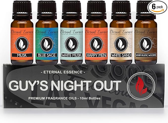 Eternal Essence Oils Guy's Night Out Set of 6 Premium Fragrance Oils - Includes Including Happy Men, Blue Sage, White Sand, Warm Rustic Woods, Musk, and White Musk Scented Oils - 10ML