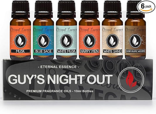 Eternal Essence Oils Guy's Night Out Set of 6 Premium Fragrance Oils - Includes Including Happy Men, Blue Sage, White Sand, Warm Rustic Woods, Musk, and White Musk Scented Oils - 10ML