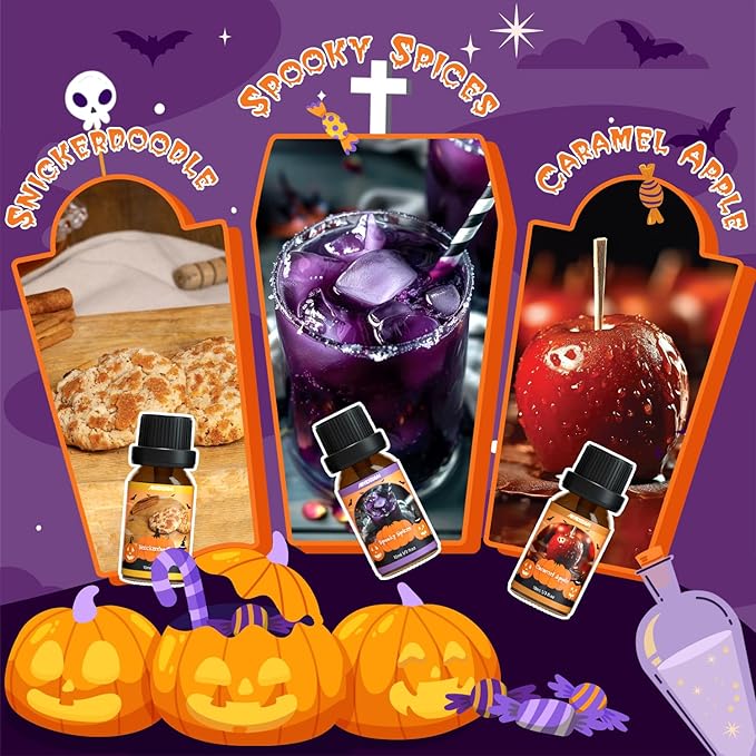 Halloween Fragrance Oils Set, ARVIDSSON Halloween Essential Oils for Candle Making, Spooky Scented Oil for Diffuser, Pumpkin Pie, Candy Corn, Snickerdoodle, Caramel Apple, Spooky Spices, Apple Cider