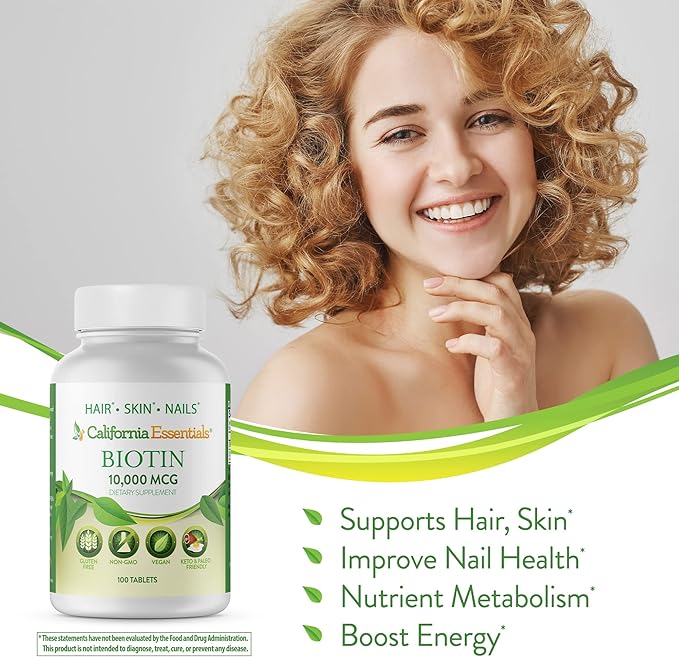 California Essentials Biotin 10000mcg | Vitamin B7 Promotes Healthy Skin, Hair & Nail Growth | High Potency Dietary Supplement for Men & Women | Non-GMO, Vegan, Gluten & Dairy Free (100 Tablets)