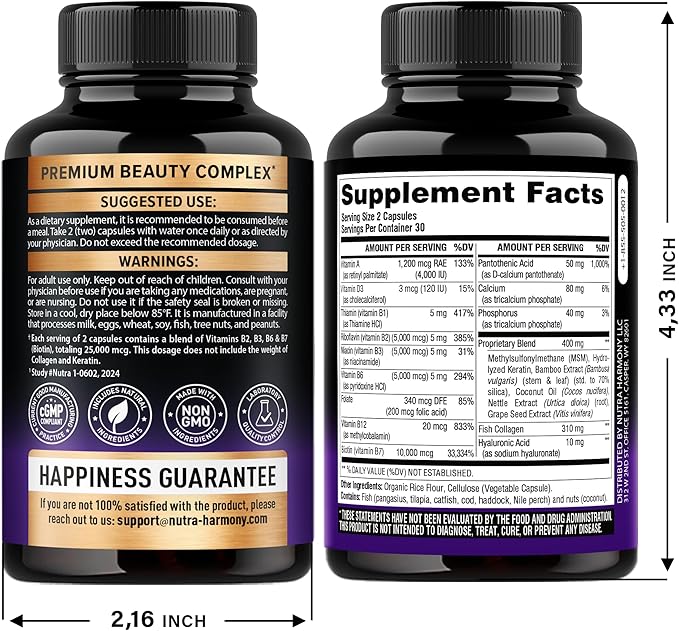 Biotin | Collagen | Keratin - Clinically Tested Supplement - Hair Growth Support, Skin & Nails - 25000 mcg Vitamins B2, B3, B6 & B7 + B1 & Hyaluronic Acid - Made in USA - Women & Men | 60 Capsules