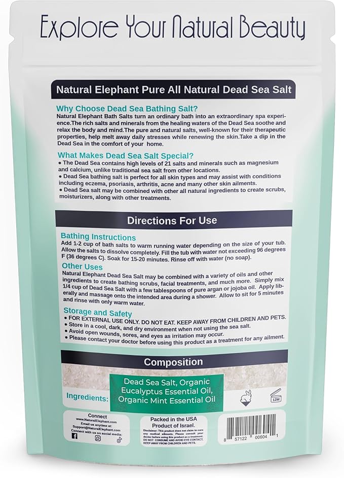 Natural Elephant Dead Sea Bath Salt Bathing and Foot Soak for Relaxing and Nourishing- 100% Pure with Essential Oil - Medium Coarse Grain (2 lb (32 oz) Bag, Eucalyptus Mint)