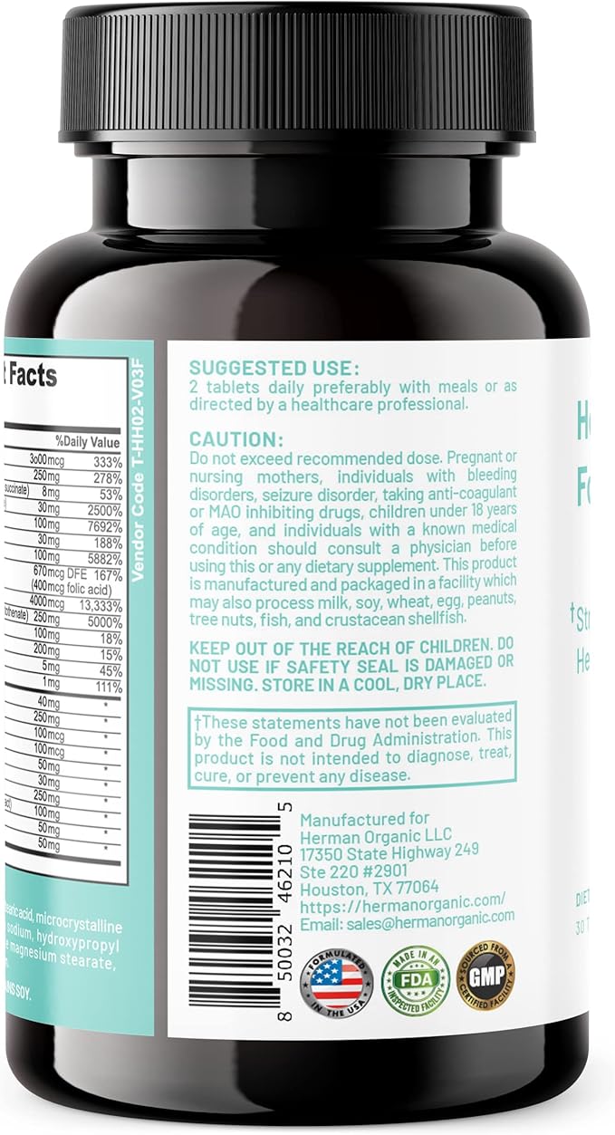 Herman Organic Healthy Hair Supplement Formula for Hair Growth - Essential Ingredients - Vitamin A, Vitamin C, & Folic Acid Eliminates Thinning Hair