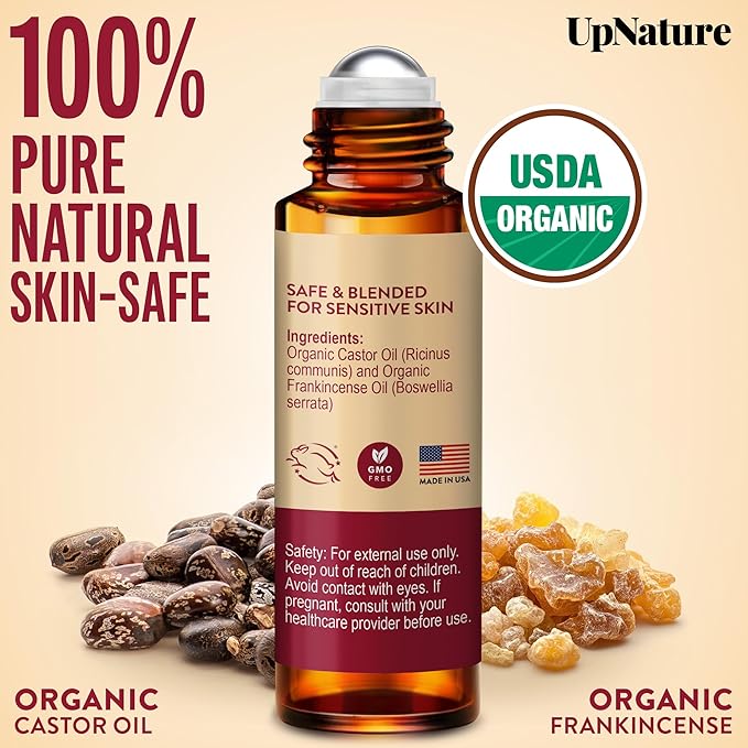 UpNature Beauty Essential Oil Blend Roll On - 100% Organic Castor Oil & Frankincense for Face - Wrinkles Dark Circles Under Eye Roller Ball Rollerball