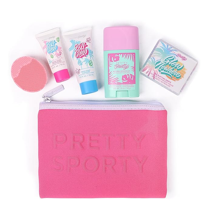 Petite ’N Pretty Sporty Set for Kids, Teens and Tweens - Skin Care Kit of Cleanser,Moisturizer, 50 pcs of Oil Blotting Sheets, and Natural Deodorant - Travel Essentials for Fresh & Glowing Skin