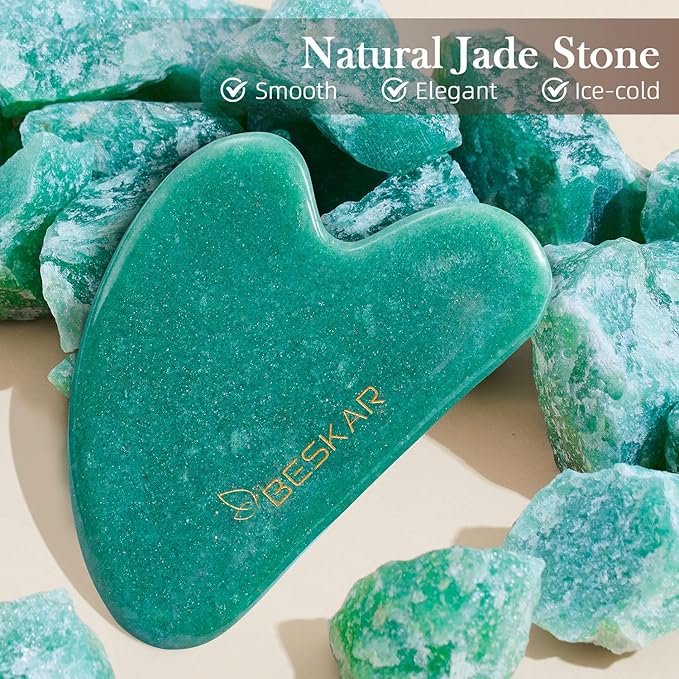 BESKAR Gua Sha Facial Tools, Natural Jade Stone Guasha Massager for Jawline Sculpting, Tighten Face Skin and Reduce Wrinkles, Face Eyes Body Neck Massage Tool, Skin Care Gift