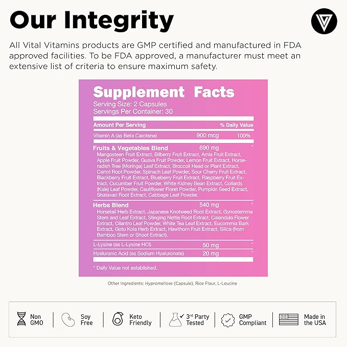 Vital Vitamins Vegan Collagen Booster - Plant-Based Collagen Supplements - Supports Hair, Skin, Nails & Joints - with Hyaluronic Acid - 60 Capsules