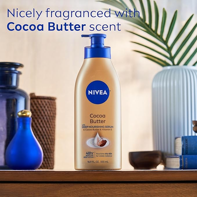 NIVEA Cocoa Butter Body Lotion with Deep Nourishing Serum, Cocoa Butter and Vitamin E, 48-Hour Moisturizing Body Lotion for Dry Skin, Nourishes Dry Skin for Visible Radiance, 16.9 Fl Oz Pump Bottle