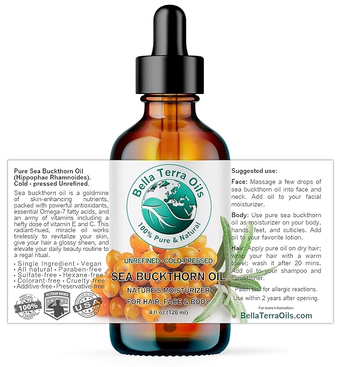 Bella Terra Oils - Sea Buckthorn Oil 4 oz - Unlock the Gold Standard in Skincare, Infused with Omega-3, Omega-6 & Carotenoids, Elevate Your Cosmetic Routine