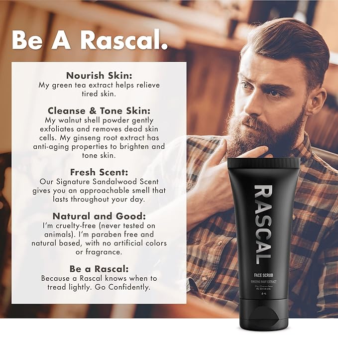 Rascal Men's Face Cleanser - Face Wash for Men, Deep Cleansing Men's Face Wash with Activated Charcoal and Orange Peel Oil to Cleanse Pores, Tone Skin, and Provide a Refreshing Natural Scent - 4 Oz