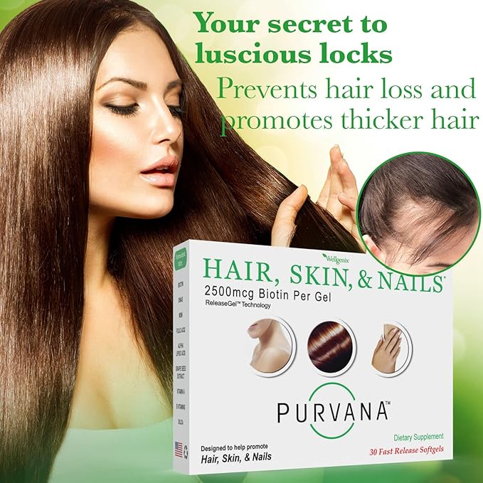 Wellgenix Purvana Hair, Skin, and Nails Vitamin - Softgels for High Absorption - Double Strength 2500mcg Biotin, VIT A & B (30 Count) (Pack of 2)