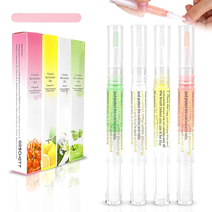 Meschett 4PCS Cuticle Oil Pens with Nail File for Nail Care, Nail Pen Oil with Natural Ingredients, Fingernails and Toenails Oil Cuticle for Repairing Cracked(Mix Flavors)