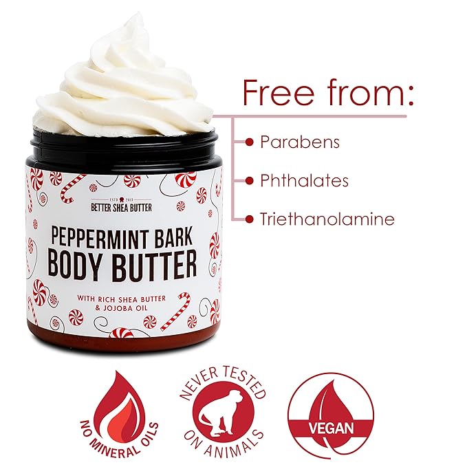 Peppermint Bark Whipped Body Butter | Limited Edition Christmas Lotion | Dry Skin Moisturizer with Shea Butter and Jojoba Oil | Natural Body Butter Holiday Edition