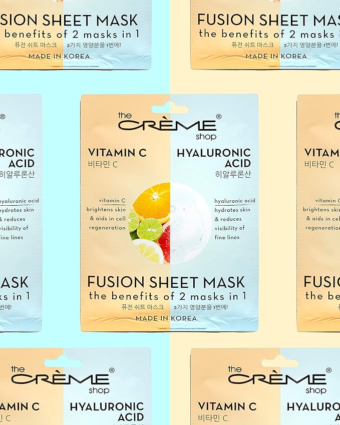 The Crème Shop - Vitamin C & Hyaluronic Acid Fusion Full Face Masks, Korean Facial Skin Care and Moisturizer - Hydrating, blackhead remover, scar cream Natural Beauty Essence - 5 Sheets Set