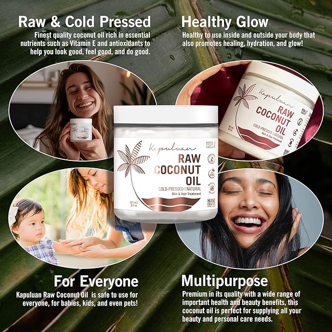 Kapuluan Organic Coconut Oil for Hair, Skin – Raw Extra Virgin Coconut Oil - Pure Unrefined Cold Pressed Oil with MCTs for Body Care or Haircare, Hair Growth, Aceite de Coco Organico, Baby, Dogs, Pets