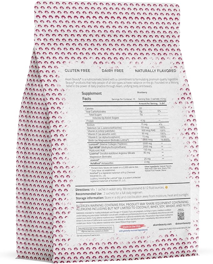 Marine Collagen Peptides Powder – 30-Count Pouch (Blushberry) – Wild-Caught, Hydrolyzed Type I – Hair, Skin, Nails & Joint Support – Ingestible Beauty® by Akam