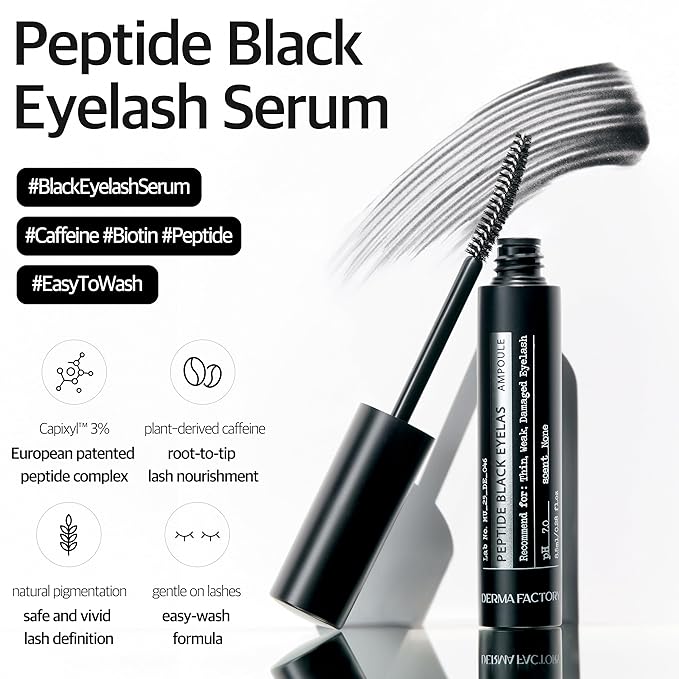 Derma Factory Peptide Eyelash Ampoule – Black Tinting Lash Growth Serum for Thin, Weak & Damaged Lashes – Volumizing Peptide Lash Enhancer, Oil-Free, Irritation-Free Formula, Black3, 0.16 fl oz