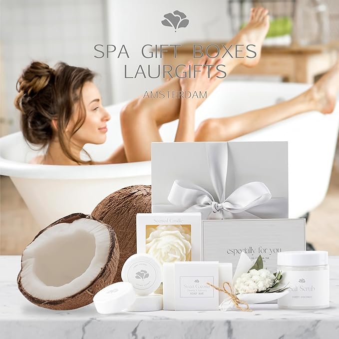 Sweet Coconut Spa Gift Baskets for Women – Luxury Birthday Bath Gifts for Mom, Wife, Sister, Friend - Self-Care and Relaxation Mother’s Day Gifts - Gift Baskets for Her for All Occasions