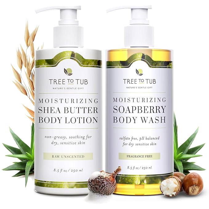 Tree to Tub Unscented Shea Butter Body Lotion for Dry Skin & Unscented Body Wash for Sensitive Skin - pH Balanced Fragrance Free Sensitive Lotion and Body Wash for Women & Men - Sulfate Free