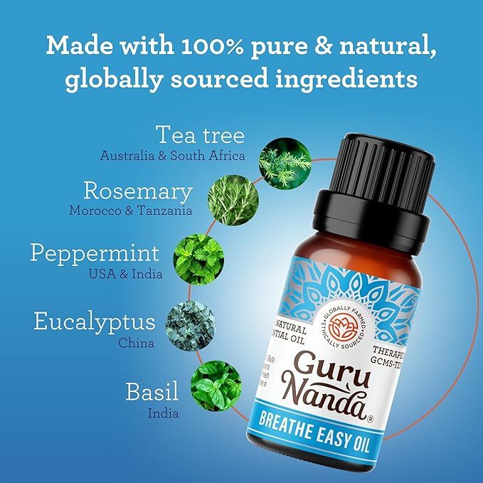 GuruNanda Breathe Easy Essential Oil - Nasal Congestion Relief with Pure Eucalyptus, Aromatherapy Blend for Healthy Breathing (15 ml)