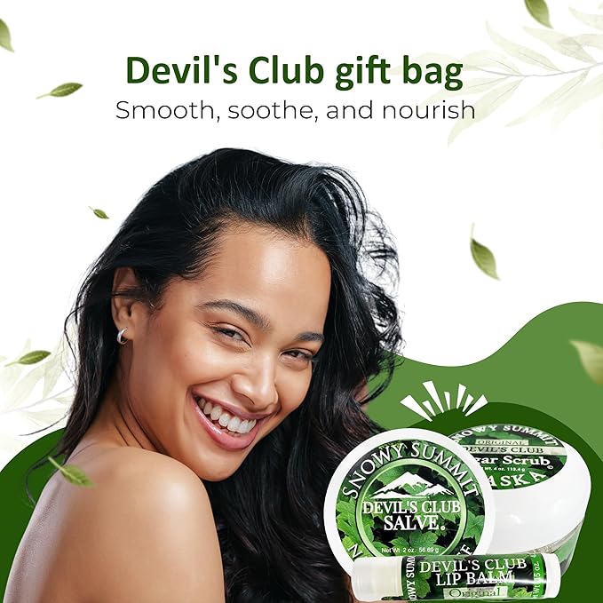 Snowy Summit's 3-Pc Devil's Club Gift Bag Set – Includes All-Natural Handcrafted Salve, Revitalizing Sugar Scrub, and Moisturizing Lip Balm for Body Care - Skin Care Package with Alaskan Ingredients