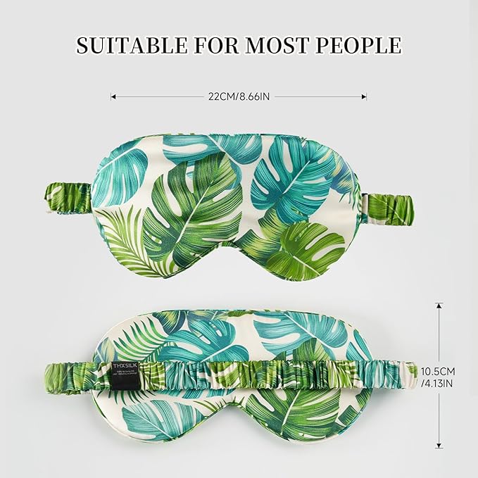 THXSILK Sleep Mask 100% 19 Momme Pure Mulberry Silk Super Smooth Cooling Decorative Sleep Eye Mask Blackout Eye Cover with Wide Head Strap, Monstera-Green