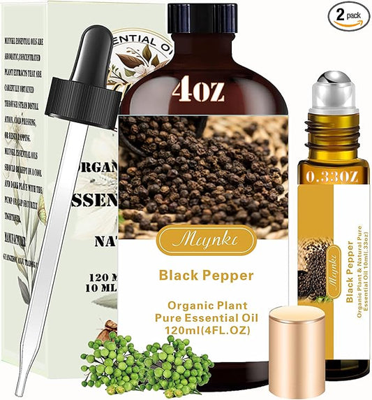 Black Pepper Essential Oil -Black Pepper Oil 4 Fl Oz & Roll On 10ML Essential Oil Set for Aroma Diffuser Humidifier Fragrance Bath Cleaning Massage Yoga DIY Candle Making